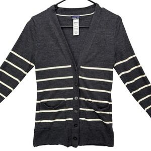 Vintage Patagonia Women's S Merino Wool Cardigan Grey Striped Nautical Preppy